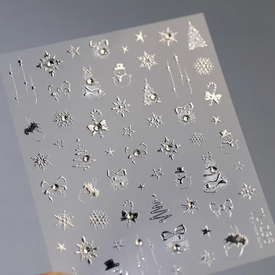 Gold Snowflake Bowknot Snowman Lovely Christmas 3D Self Adhesive Nail Art Sticker Rhinestone 5D Embossed Reliefs Manicure Decals