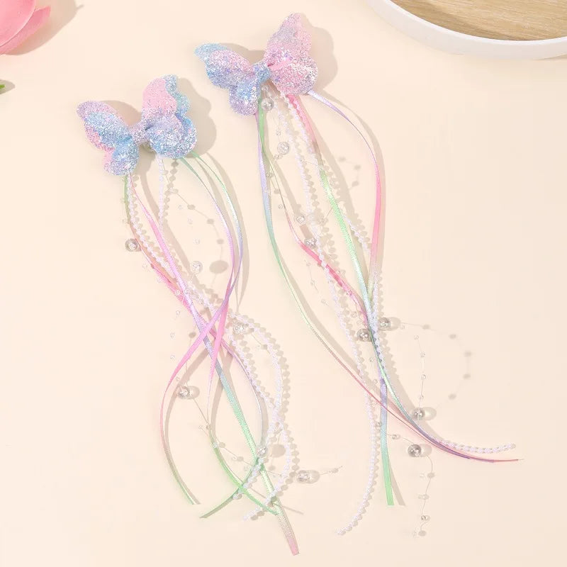 2Pc Childrens Rainbow Butterfly Sequin Hair Clip,pearl Ribbon,tassel Hair Clip,girl Braided Hair Accessory,performance Accessory