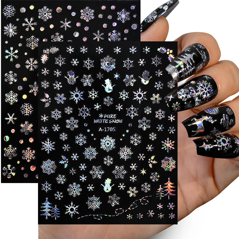 12sheets Laser Sliver Snowflakes/snowballs 3D Christmas Nail Art Decals Dreame Laser Santa Claus Snowman Nail Stickers Charms﻿
