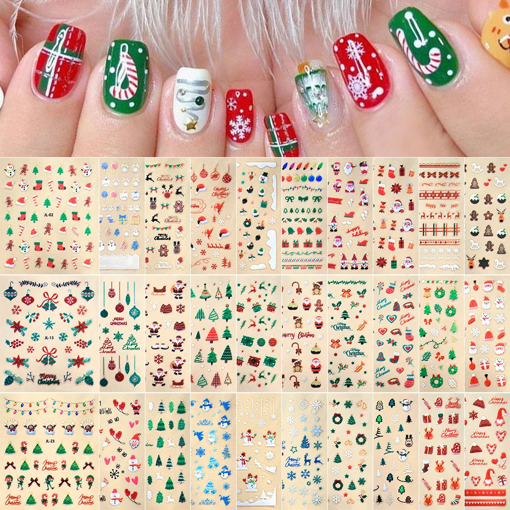 30Pcs Christmas Santa Claus 3D Nail Art Stickers Glitter Cartoon Snowflakes/Snowman/Pine Winter Sliders Xmas DIY Manicure Decals