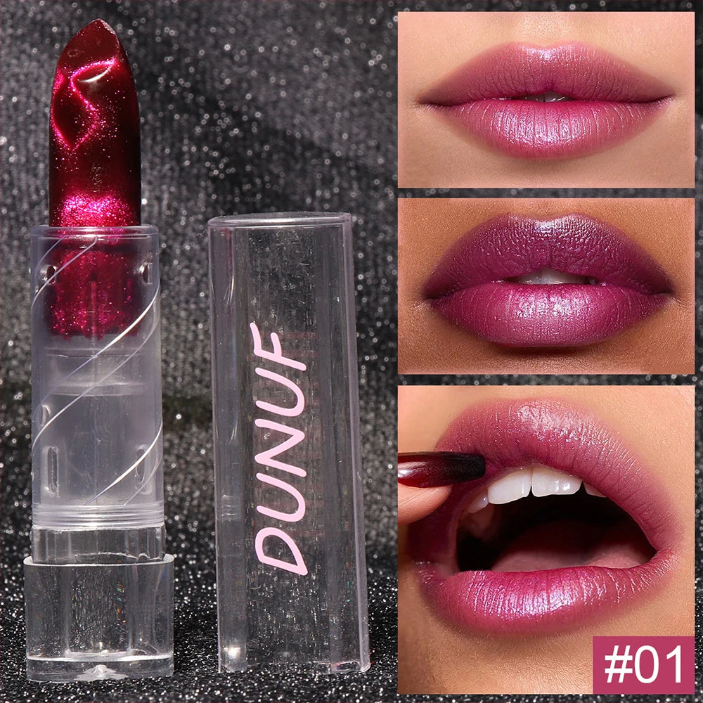 Moisturizing Cat Eye Lipstick Mirror Glitter Metallic Lipstick Diamond Pink Pearl Sparkling Lip Gloss Color Changing Lips Makeup