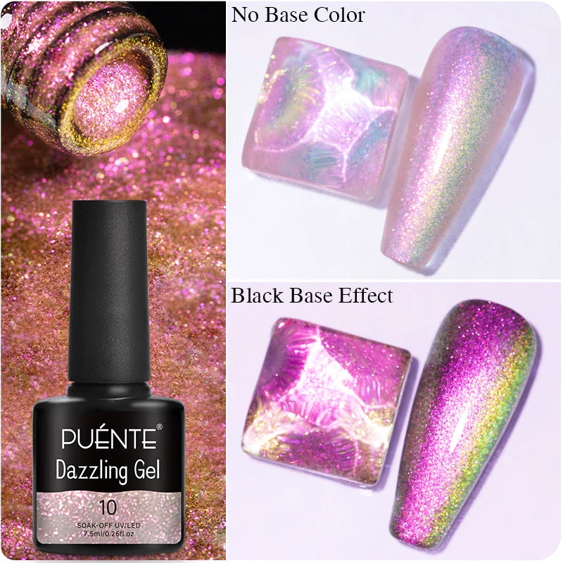 PUENTE 7.5ML Golden Gems Cat Magnetic Gel Nail Polish Pink Brown Blue Colors Golden Glitter Cat Eye Soak Off UV Nail Art Varnish
