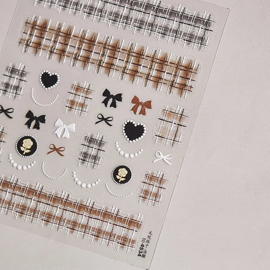 Sweet Pink Bowknot Black Lace Heart Nail Stickers 3D Self Adhesive Nail Art Stickers Manicure Decorations Decals DIY Accessories