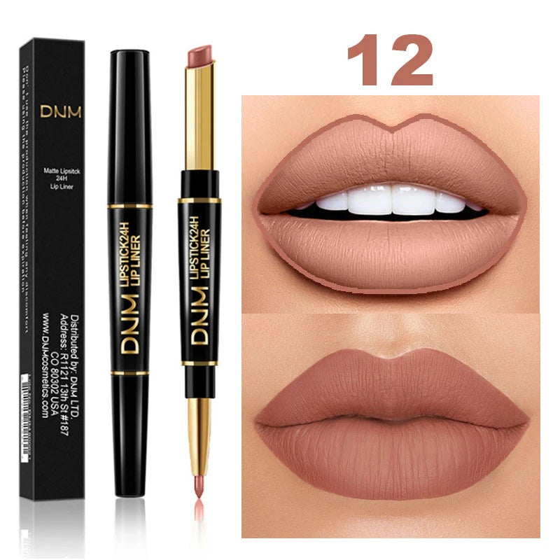 2 In 1 Matte Lipstick Pencil Double Head Lip Liner Pen Red Nude Long Lasting Waterproof Lady Charming Lip Pencil Makeup Tools