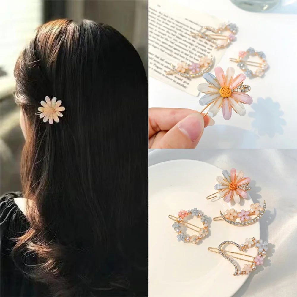 4pcs/set Fashion Exqusite Crystal Flower Heart Hair Clips Hairpins For Women Girls Party Ponytail Side Headwear Hair Accessories