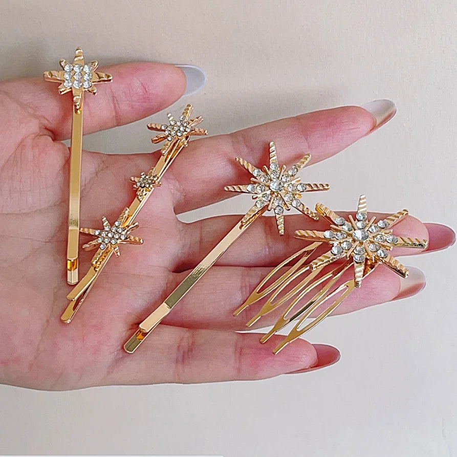 Wedding Bride Hair Clip Pins Set Metal Crystal Starburst Hairpins Luxury Bridal Hair Barrettes Fashion Hair Accessories