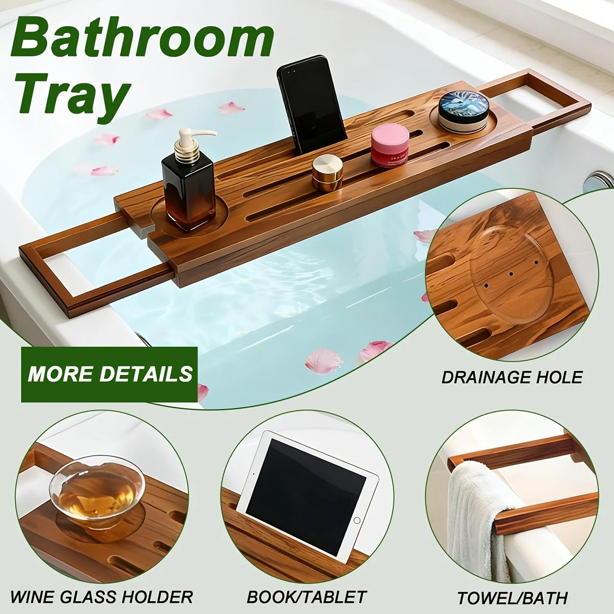 Bamboo Bathtub Tray Expandable Anti-Slip with Wine Holder Phone Slot Bookrest