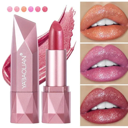 Diamond Nude Rose Pink Lipstick Waterproof Long Lasting Pearlescent Glitter Velvet Lipstick Golden Sparkle Metallic Lips Makeup
