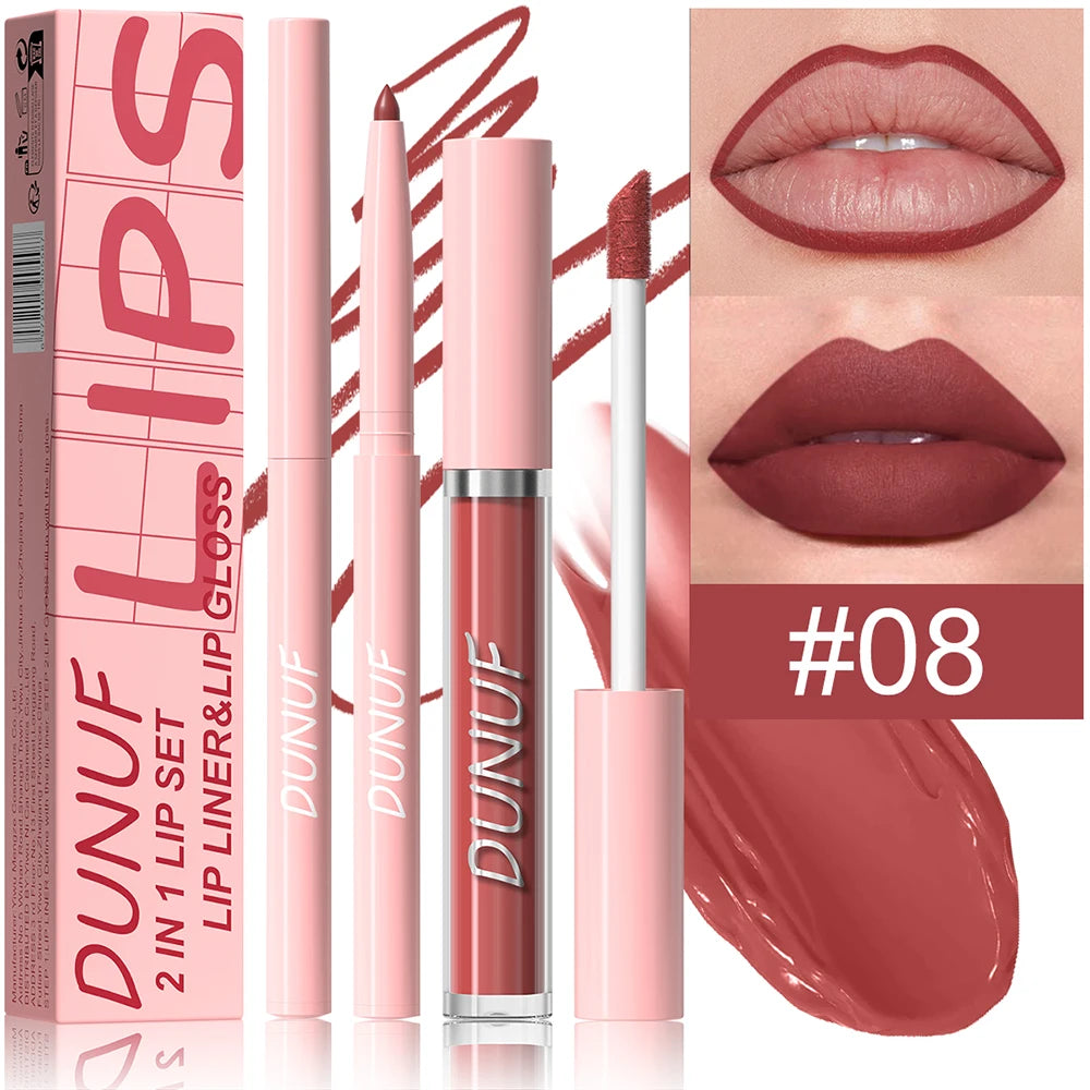 Matte Lip Gloss Lip Liner Set, 2pcs Waterproof Non-sticky Long-Lasting Lipstick, Nude Deep Red Mauve, Y2K Makeup Christmas Gift
