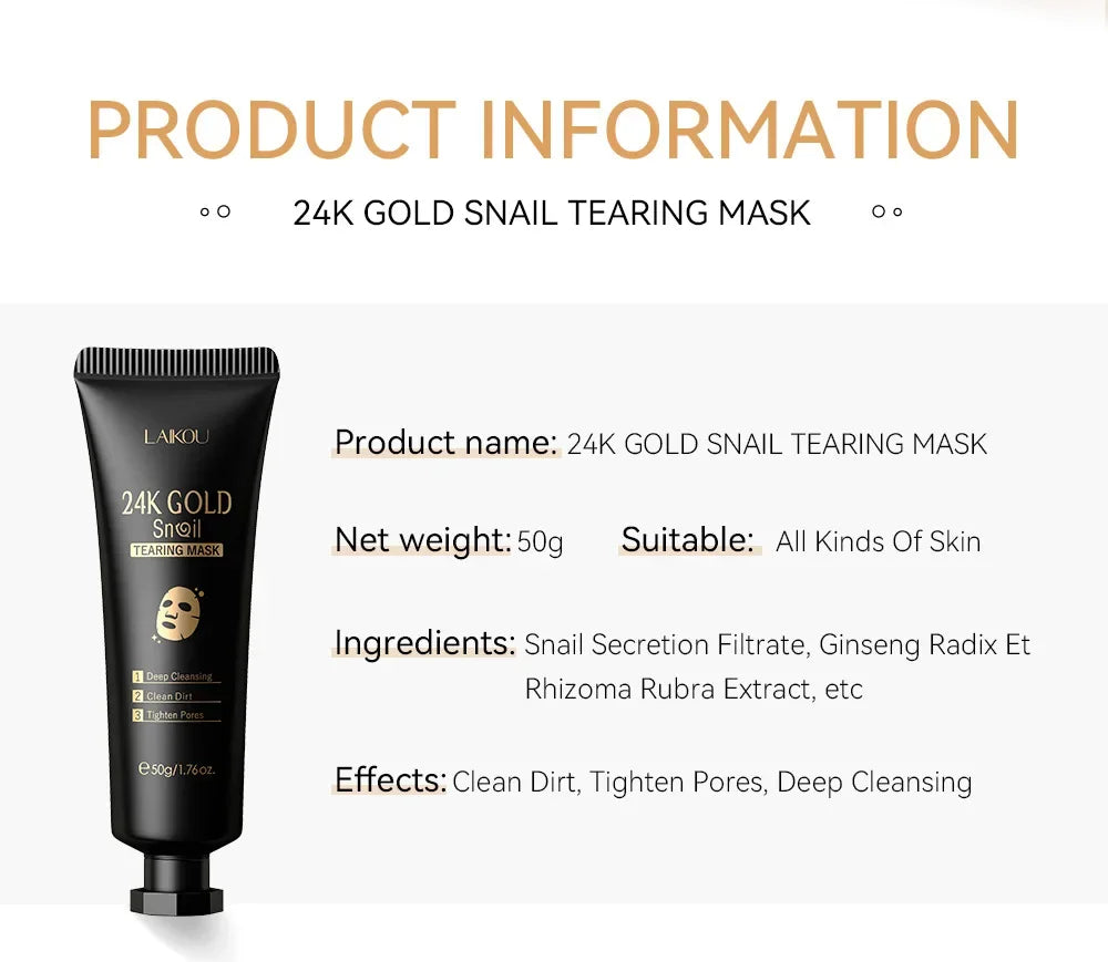 LAIKOU 24K Gold SNAIL TEARING   Mask Deep Cleansing Remove Blackhead Face Care 50g
