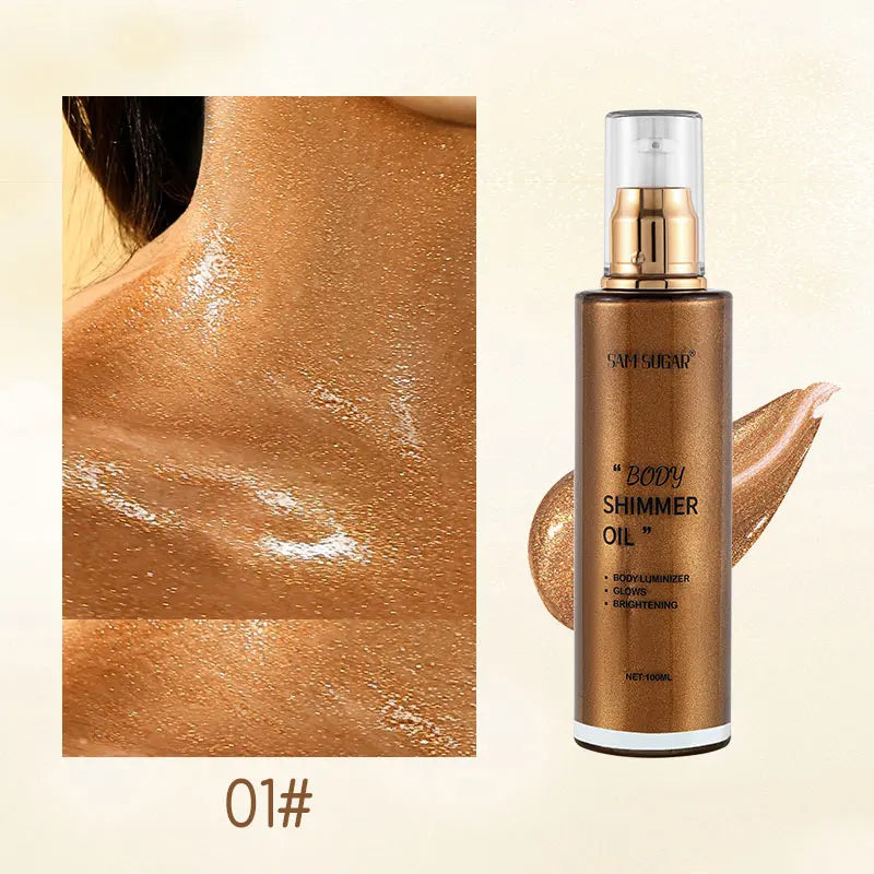 100ml Pearl Rose Gold Body Shimmer Oil Highlighter - Face Brighten Glitter Bronzer Skin Glow Illuminator Makeup Shine Liquid