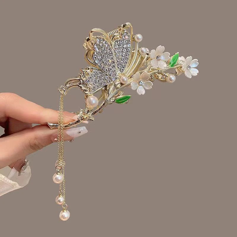 Rhinestone Tassel Hair Claw Golden Bow Flower Hair Clip Hairpin For Women Elegant Ponytail Fashion Hair Accessories