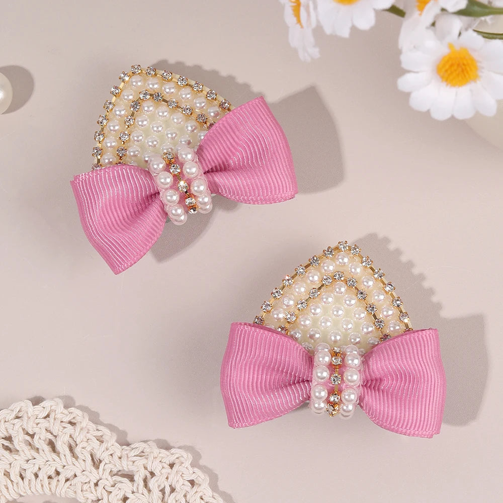 2Pcs Cat Ear Bow Hair Clips Elegant Pearls Rhinestone Hairpins Ribbon Barrette For Girls Children Headdress Hair Accessories