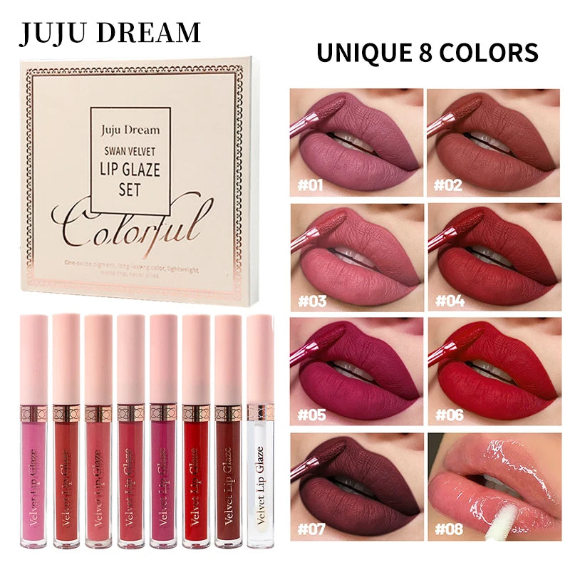 8 pcs matte liquid lipstick, lip glaze - waterproof, non-stick, long-lasting lip gloss, brown, pink, purple and red tones