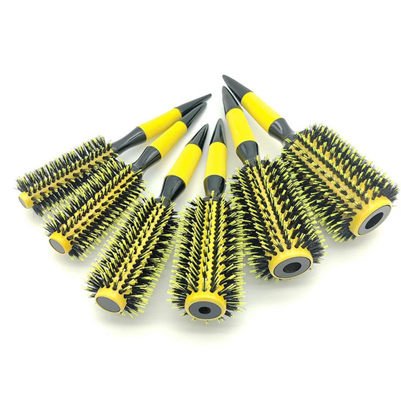Professional 1PC 6 Sizes Round Wooden Hair Brush Boar Bristle Mix Nylon Salon Women Hair Styling Tools Yellow Brazil Hair Curler
