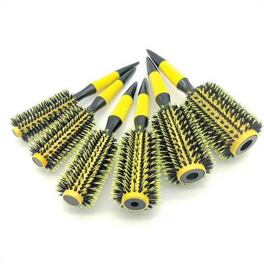 Professional 1PC 6 Sizes Round Wooden Hair Brush Boar Bristle Mix Nylon Salon Women Hair Styling Tools Yellow Brazil Hair Curler