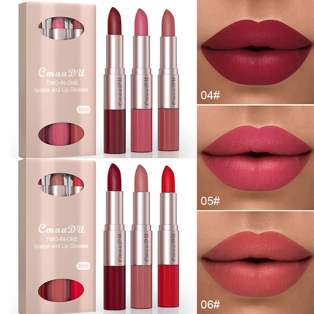1/3pcs 2 in 1 Velvet Matte Lipstick Set Double Head Lip Gloss Kit Non-stick Cup Lip Tint Long Lasting Waterproof Lipstick Makeup
