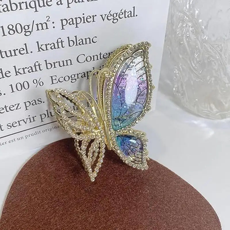 Starry Purple Gradient Rhinestone Shark Hair Clip, Resin Winged Butterfly Hair Claw, Stylish Exquisite Butterfly Claw Clip.