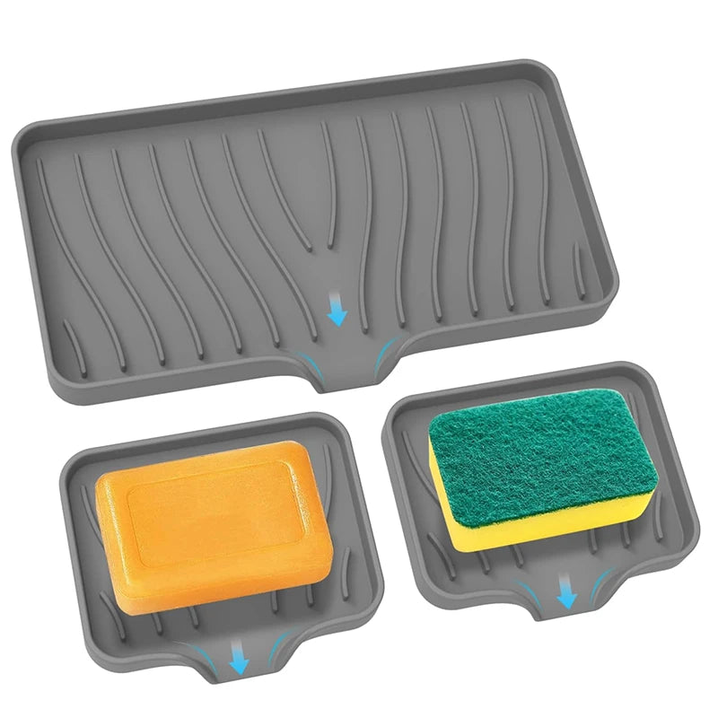 3 Pcs/Set Silicone Soap Dish, Sponge Tray with Drain, Bathroom Kitchen Sink Organizer, Bar Soap Holder for Shower