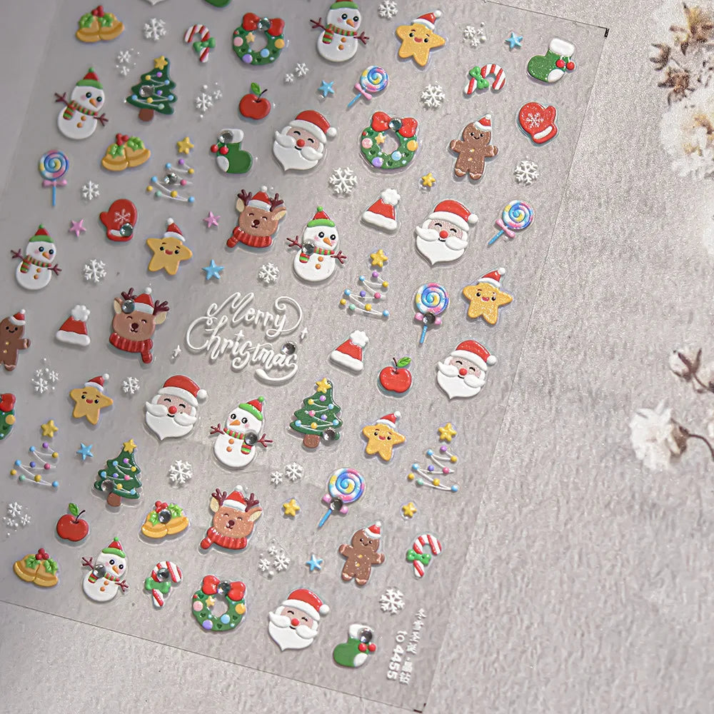 Gold Snowflake Bowknot Snowman Lovely Christmas 3D Self Adhesive Nail Art Sticker Rhinestone 5D Embossed Reliefs Manicure Decals