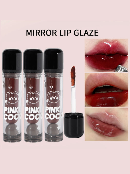 PINKCOCO Bear Doodle Mirror Lip Glaze — Long-Lasting Shiny Lip Gloss, Student-Friendly, Skin-Brightening Nude Lipstick