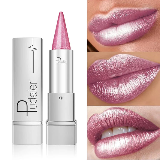 Waterproof Long Lasting Glitter Lipstick, Pearlescent Shiny Lip Color, Colorfast Non Fading Lip Makeup for Women