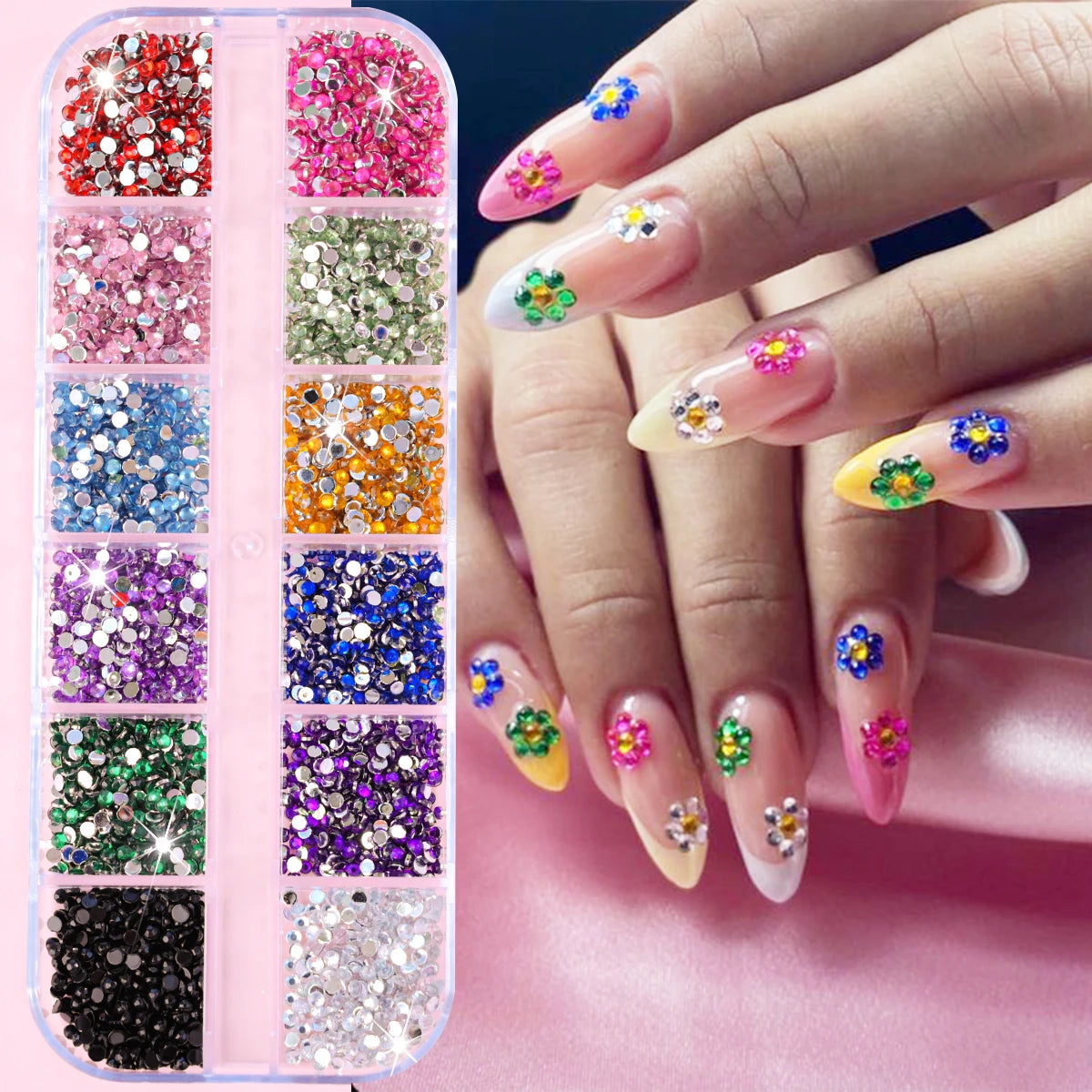 12Grids/Box Five-Petal Flower/Steel Beads Nail Art Charms Mixed-Size Flowers Gold/Silver Ball Rhinestones DIY Manicure Diamonds