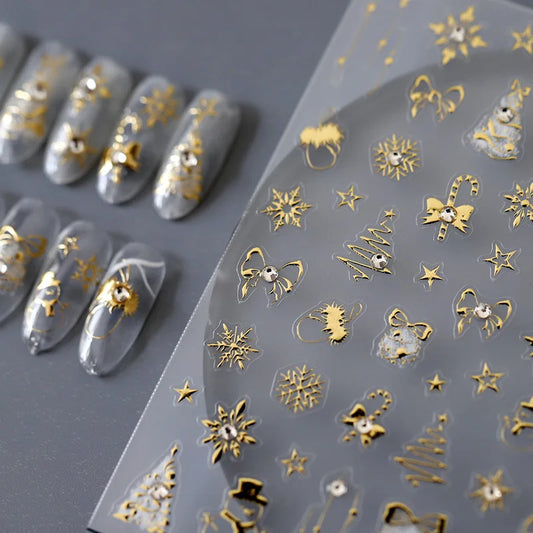 Gold Snowflake Bowknot Snowman Lovely Christmas 3D Self Adhesive Nail Art Sticker Rhinestone 5D Embossed Reliefs Manicure Decals