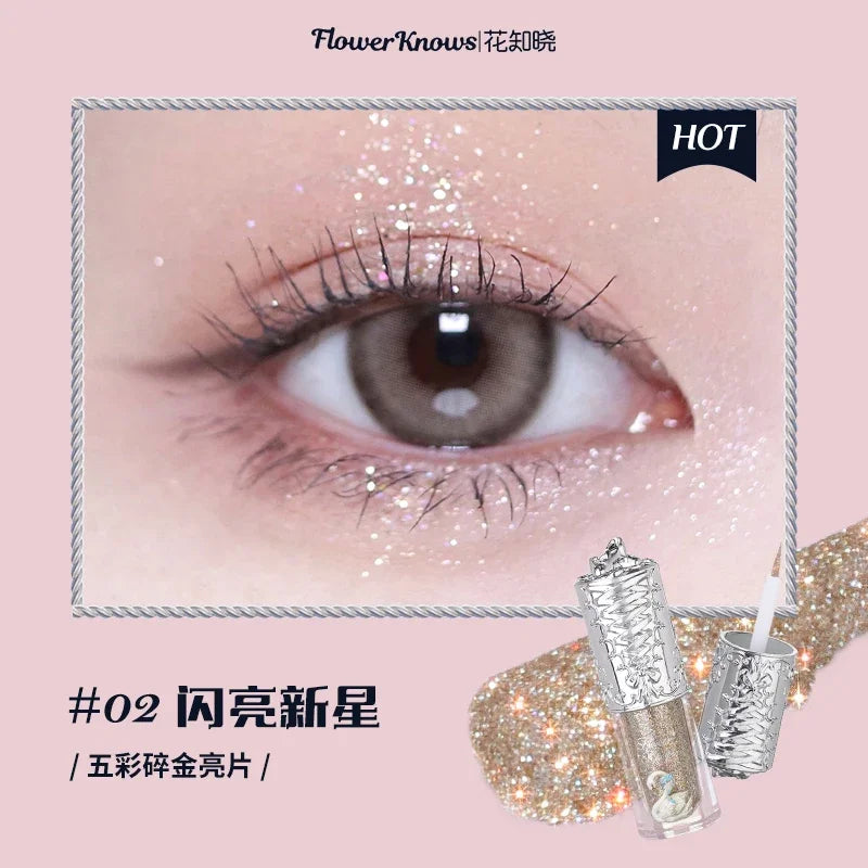 Flower Knows Swan Ballet Glitter Liquid Eyeshadow Long Lasting Shimmer Waterproof Quick Dry Metallic Eye Makeup for Women Girls