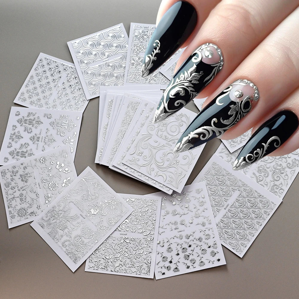 30pcs 5D Embossed Rose Golden Lace Floral Nail Stickers Retro Vine Flower Nail Decals 5.5*6.5cm Irregular Geometric Nail Sliders