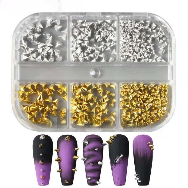 6 Grids Y2K Punk Metal Rivet Nail Charms Cone Mixed Sized Black Silver Gold Nail Art Studs 3D Stylish Alloy Spike Nails tool