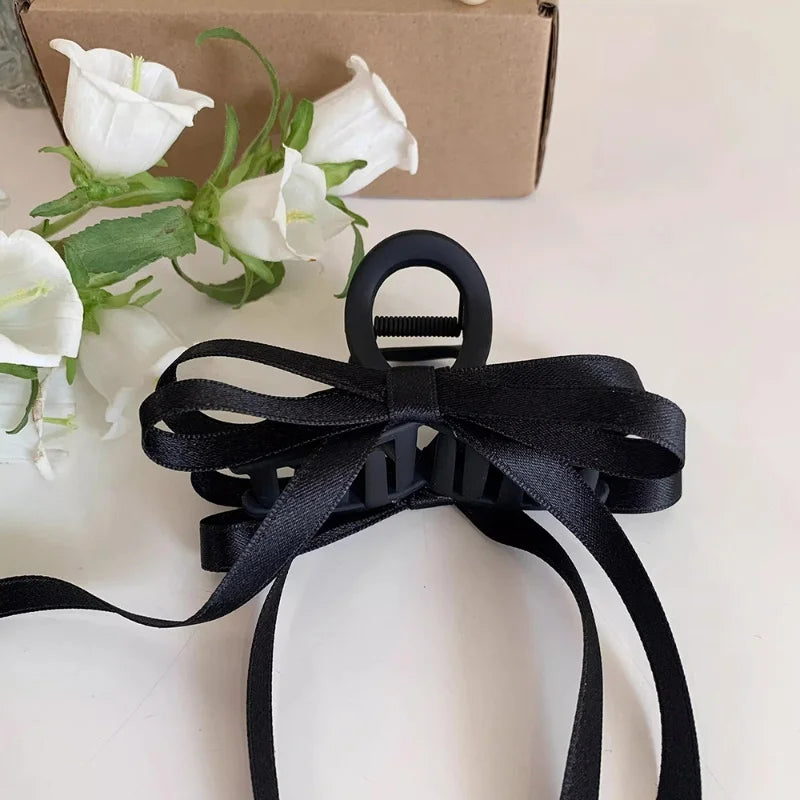 Fashion Black Long Ribbon Bow Claw Clip Back Butterfly Clips Shark Clip Women Girl New Frosted Hair Accessories Hair Claw Clip