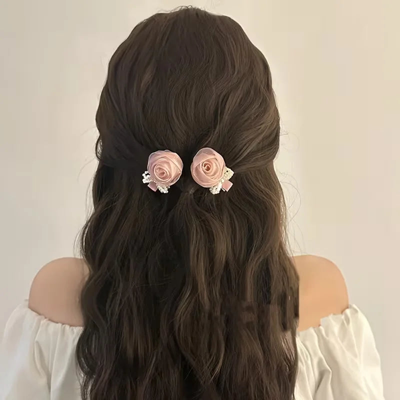 1pc/2pcs Pink Rose Imitation Pearl Bow Hair Clips, Suitable for Women, Sweet Atmosphere Bangs Side Clip Duckbill Hair Accessory