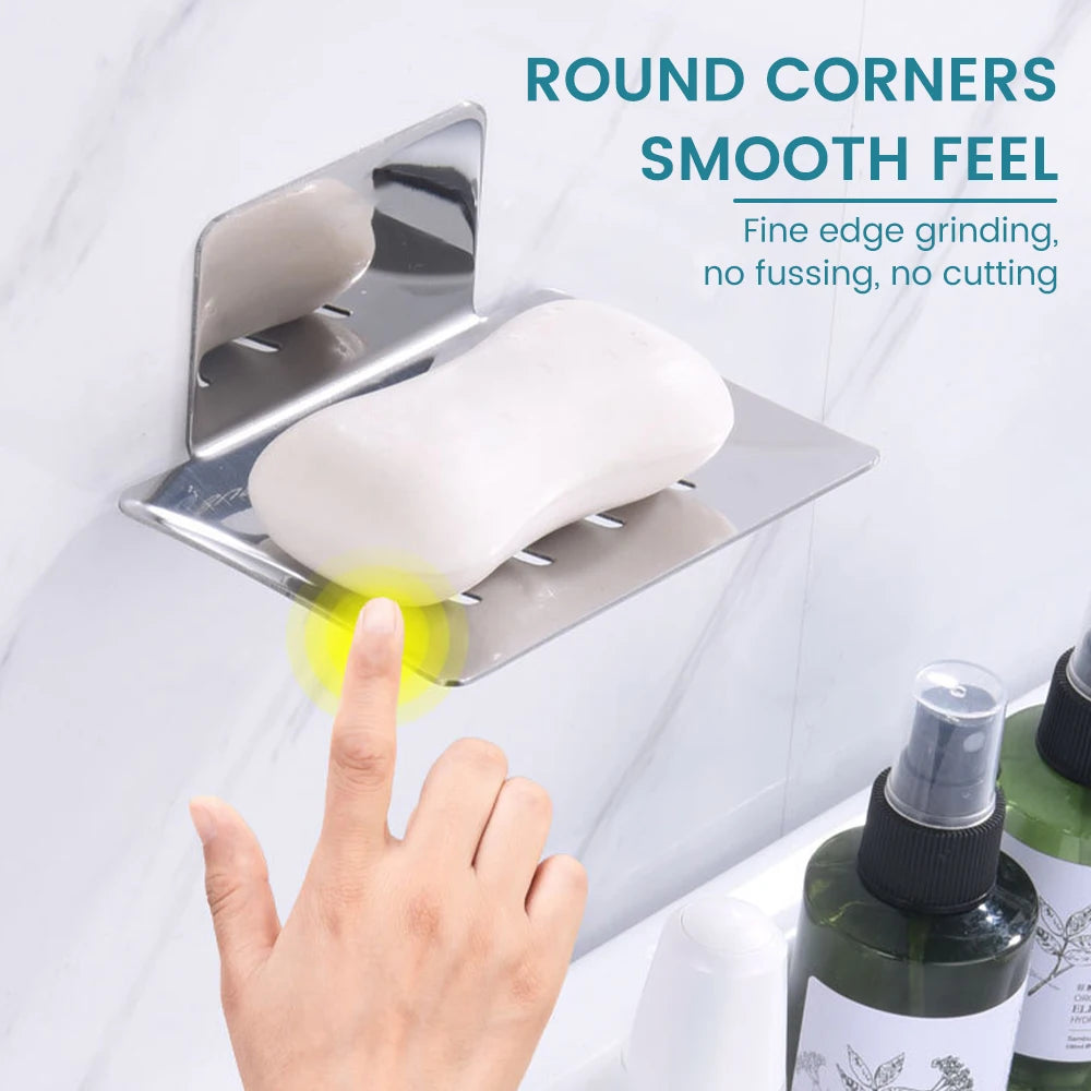 Self-adhesive Wall Mounted Soap Dish Stainless Steel Bathroom Soap Storage Holder Drain Tray Free-Punching Bathroom Accessories