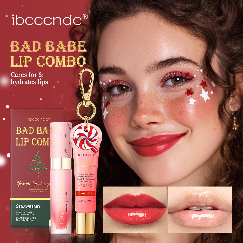 Lip Combo 2pcs Strawberry Moisturizing Lip Gloss&Lip Oil Nourishing Liquid Balm Christmas Makeup Gift Set for Women Lip Gloss