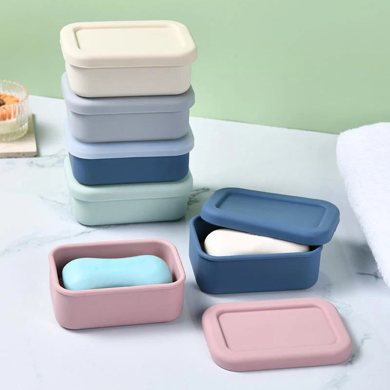 Portable Square Travel Soap Box with Lid Silicone Drain Soap Dish High Quality Self Draining Storage Box Outdoor Travel