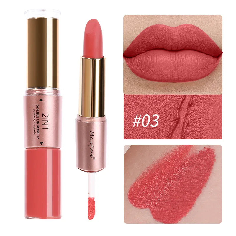 2 In 1 Matte Liquid Lipstick Long Lasting Color Moisturizing Waterproof Non Stick Cup