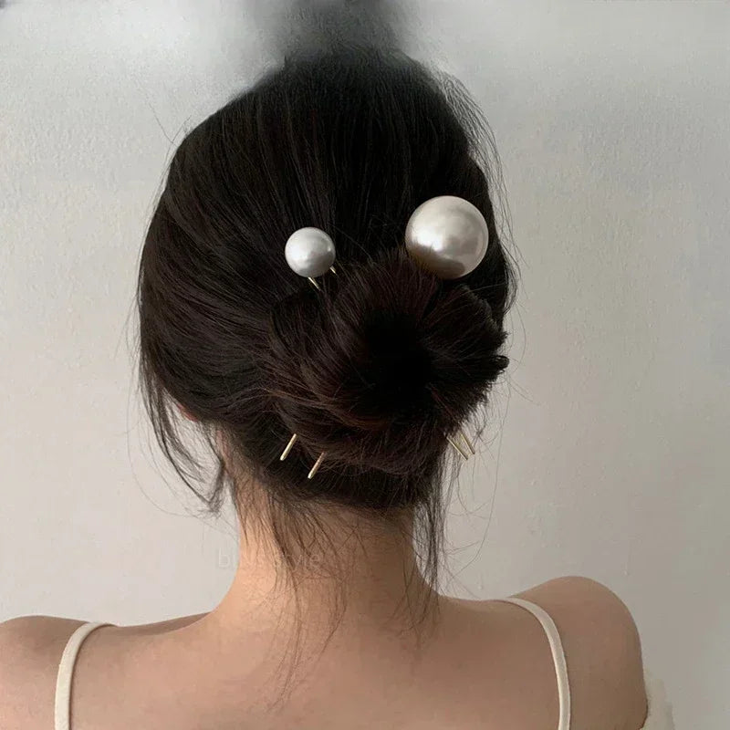 Korean U Shaped Hair Pins Vintage Elegant Pearl Hairpins Metal Bobby Hair Styling Grips Hair Bun Clips Women Girls