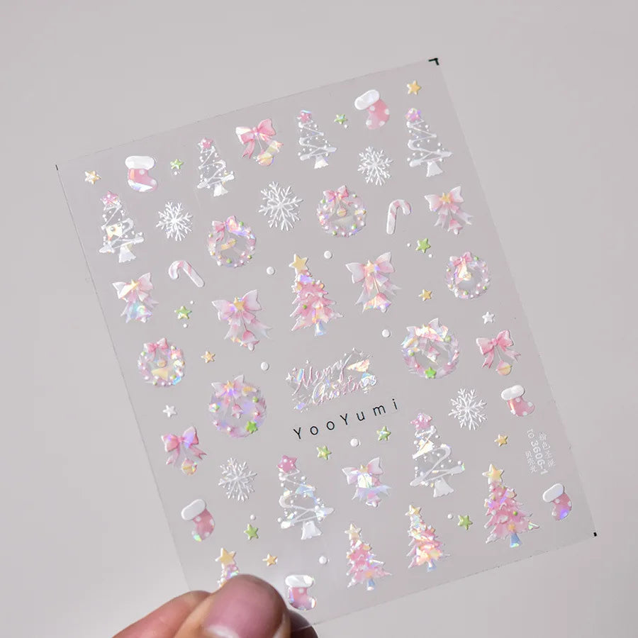 Gold Snowflake Bowknot Snowman Lovely Christmas 3D Self Adhesive Nail Art Sticker Rhinestone 5D Embossed Reliefs Manicure Decals