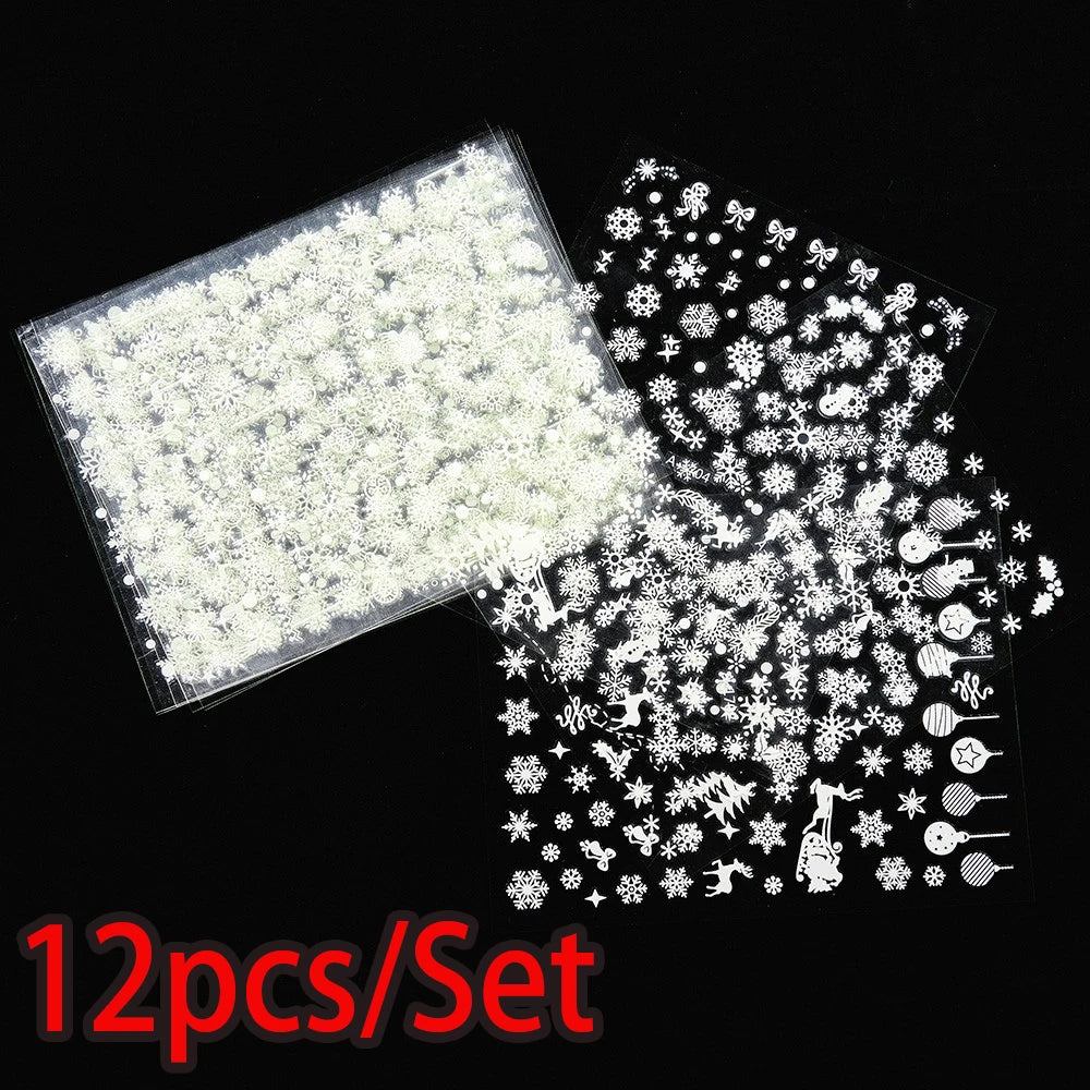 12sheets Laser Sliver Snowflakes/snowballs 3D Christmas Nail Art Decals Dreame Laser Santa Claus Snowman Nail Stickers Charms﻿