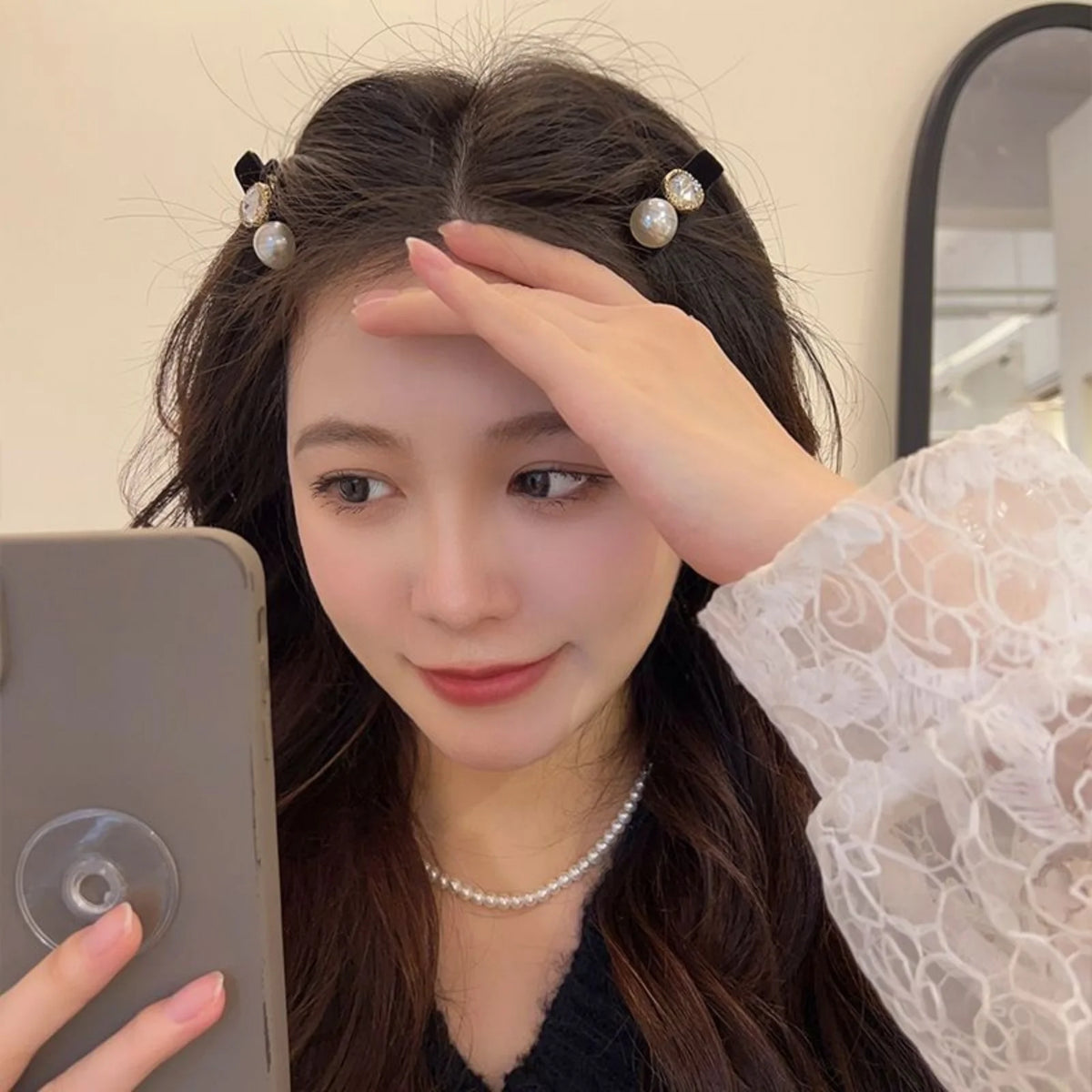 2PCS Pearl &Rhinestone Hair Clips Set, Black Base Elegant Retro-Style Hair Accessories For Women, Stylish Daily Wear Party Decor
