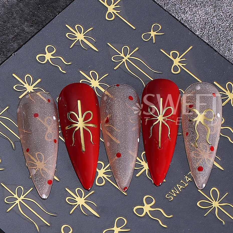 3/6pcs Christmas Nail Art Stickers 3D Snowflake Bow French Line Design Decals DIY Self-Adhesive New Year Manicure Decoration
