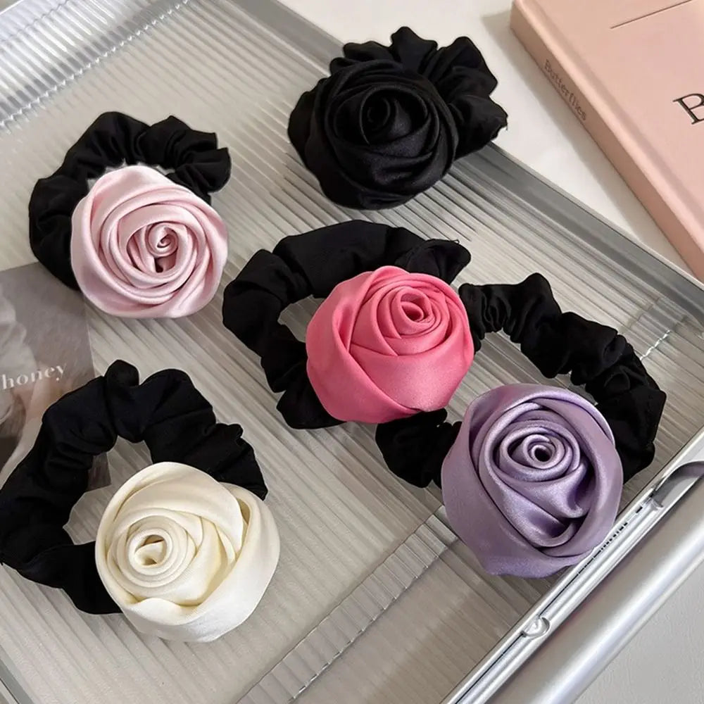 Sweet Flower Rose Hair Rope Hair Tie Scrunchies Silk Satin Hair Rope Korean Style Headwear Elastic Hair Band Ponytail Holder