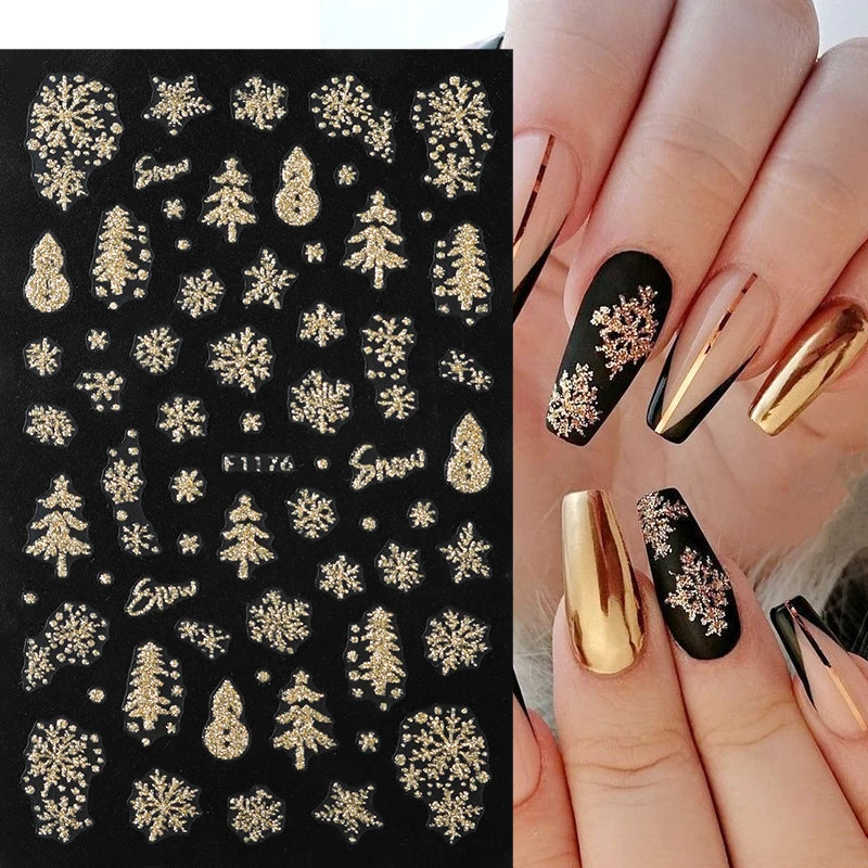 5pcs Sparkling Gold Glitter Christmas Nail Stickers Shiny Snowflake Xmas Tree Deer Polish Sliders Winter New Year Nail Art Decal