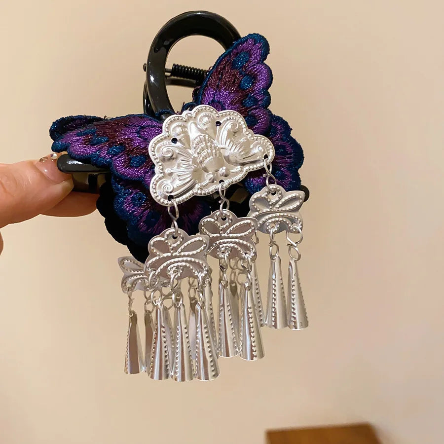 New Chinese Style Kniting Butterfly Hair Claws Women's Purple Long Flower Tassel Shark Grab Clips Vintage Hanfu Headpiece W