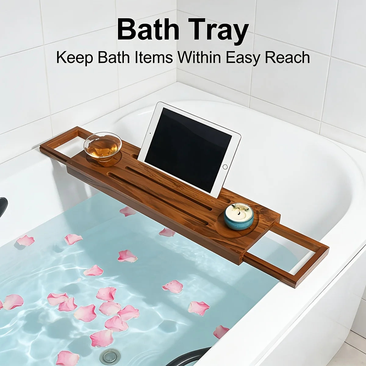 Bamboo Bathtub Tray Expandable Anti-Slip with Wine Holder Phone Slot Bookrest