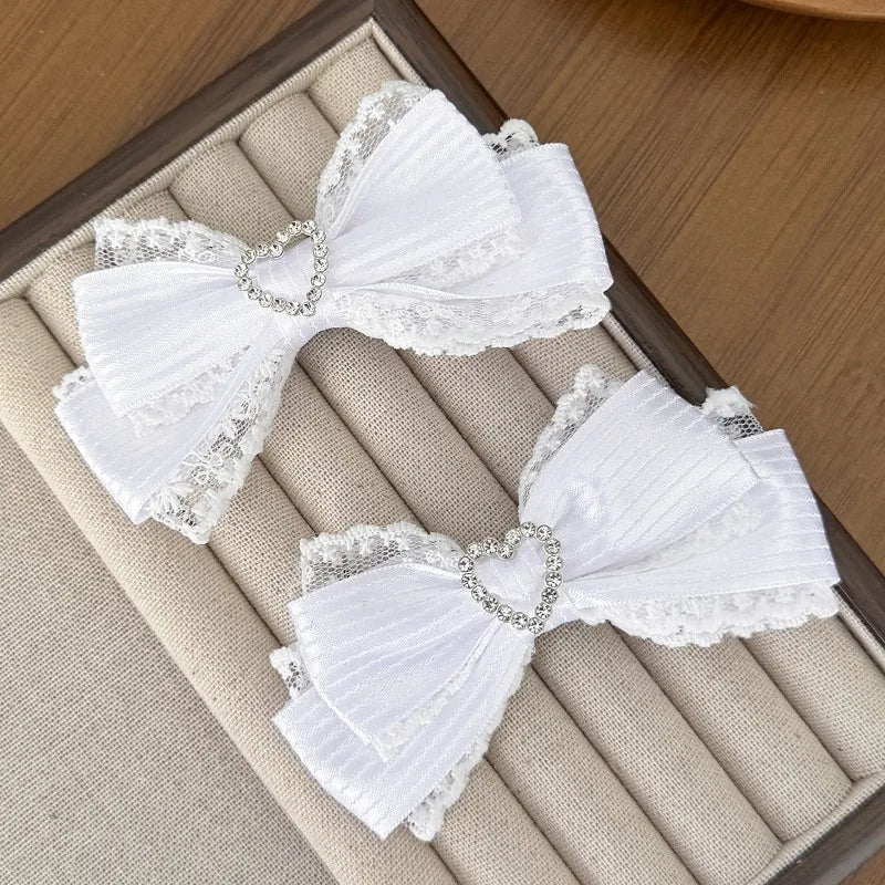 Lace Stripe Satin Bow Hair Clip Heart Rhinestone Barrettes Women Lolita Daily Wedding Party Hair Accessories Hair Clips ForWomen