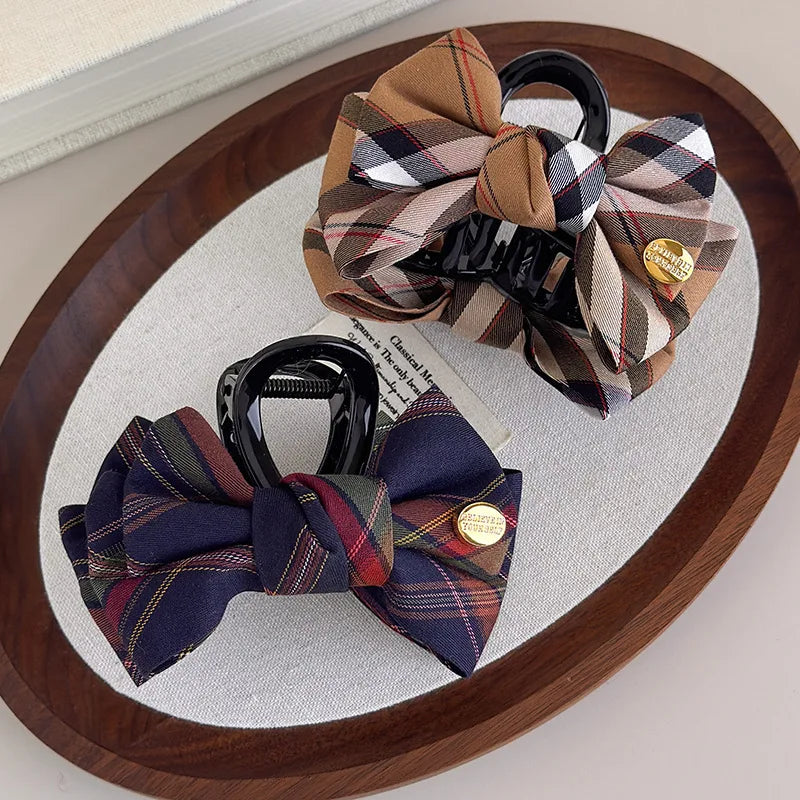 Classic British-Style Fabric Hair Clip with Vintage Plaid Bow Luxury Shark Clip Hair Accessory for Updos