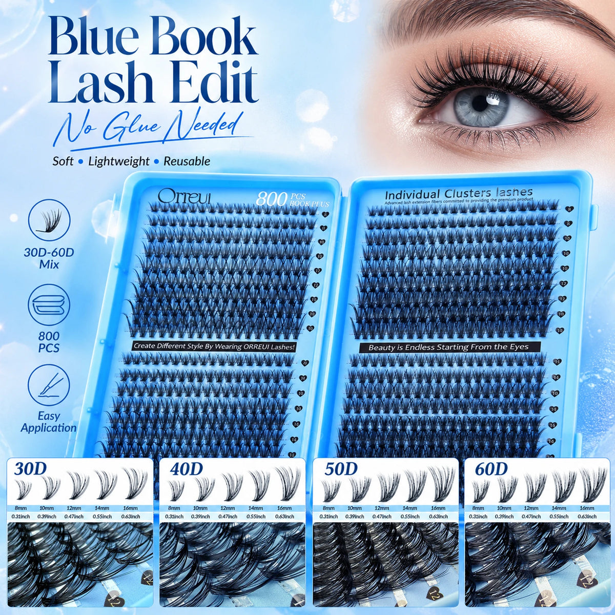 800PCS Cluster Lash Book 30D 40D 50D 60D 8-16mm Mixed Length DIY Individual Eyelash Extensions Soft Wispy Volume Lashes
