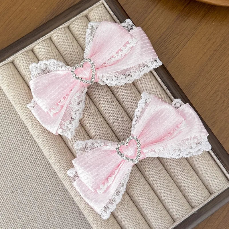 Lace Stripe Satin Bow Hair Clip Heart Rhinestone Barrettes Women Lolita Daily Wedding Party Hair Accessories Hair Clips ForWomen